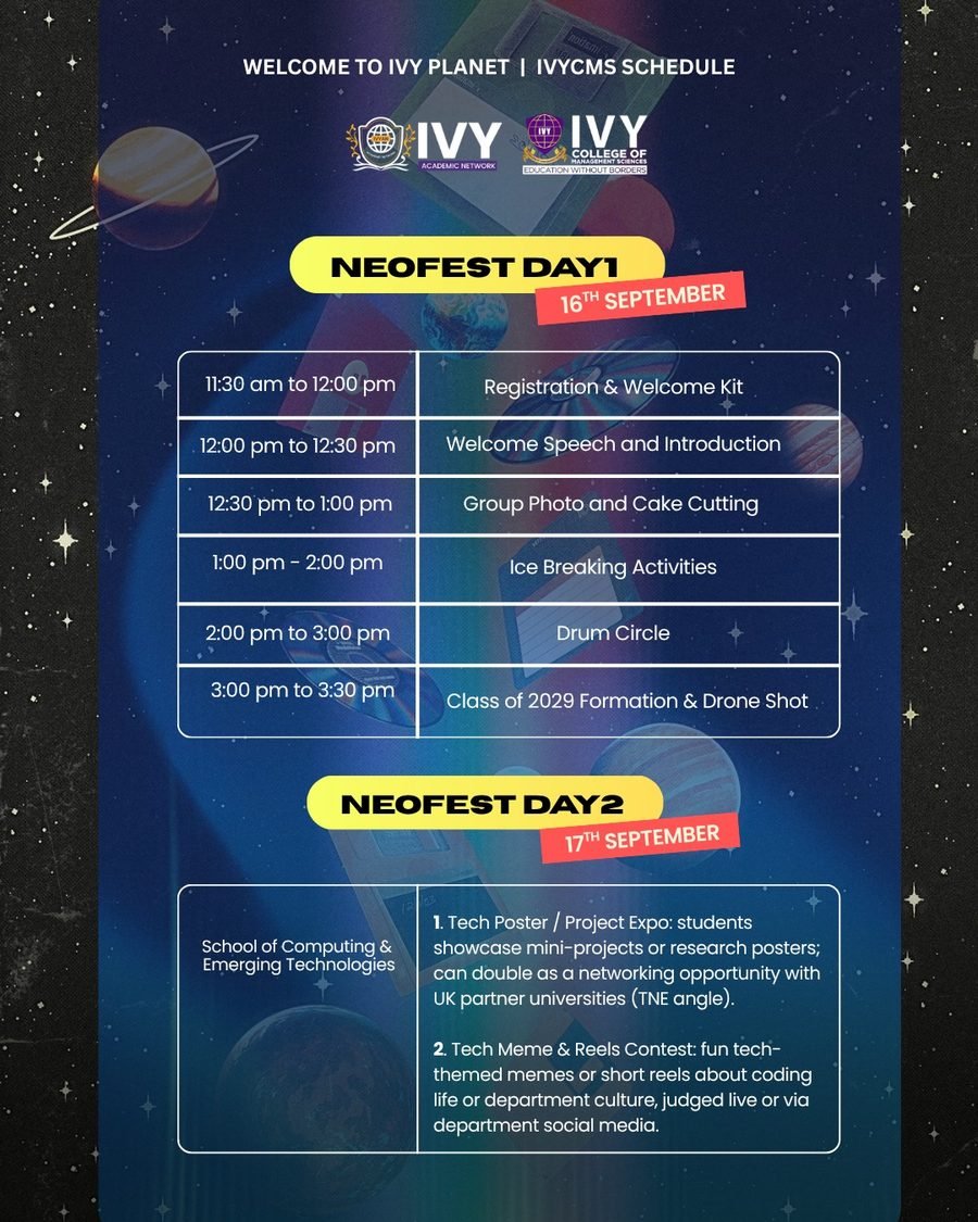 IVYCMS schedule poster: Day 1 run of show and Day 2 School of Computing activities.